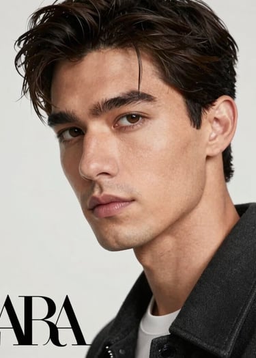 A sophisticated studio portrait of a male model with a confident expression, using a soft off-white background with subtle metallic silver props. High-end fashion aesthetic, Zara Studio style.