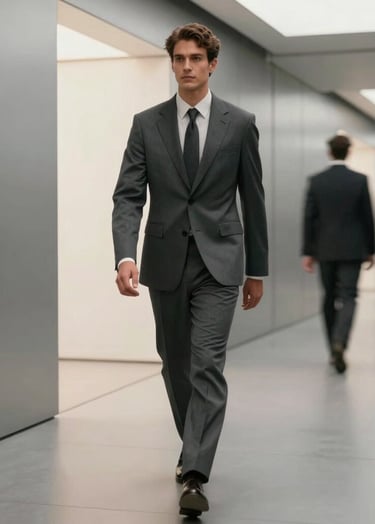 A cinematic wide-angle shot of a male model in a deep slate grey tailored suit, walking through a futuristic minimalist corridor. The walls are silver grey with soft off-white light panels. Professional, dynamic movement captured with motion blur in the background.