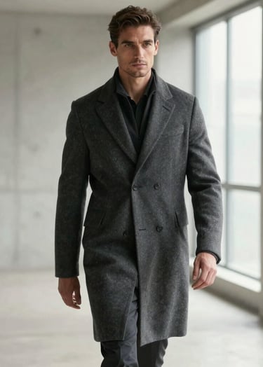 A cinematic wide shot of a professional male model with a strong jawline, wearing a structured charcoal grey coat, walking through a minimalist concrete hall with soft off-white natural light coming from a high window.