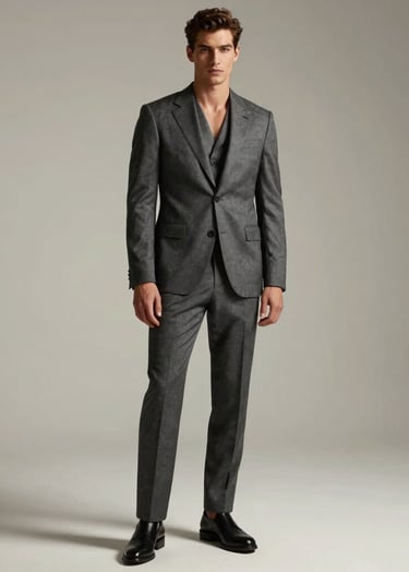 A high-fashion full-body shot of a masculine model wearing a charcoal grey tailored suit. The lighting is cinematic with deep shadows, set against a soft off-white minimalist studio background. The pose is strong and confident, reflecting a premium editorial style.