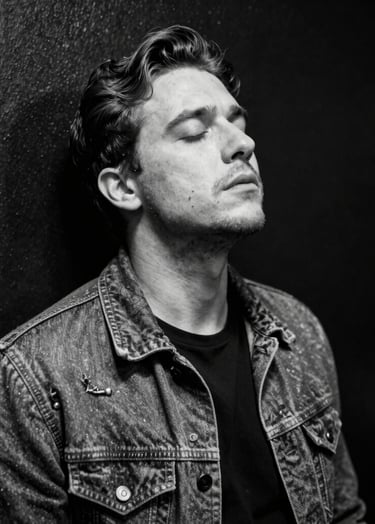 Candid black and white portrait of a singer catching their breath backstage. Soft off-white light illuminates their face against a dark black textured wall. Emotional and authentic Western European music scene photography.