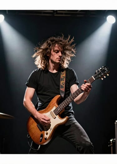 A dynamic photography shot of a guitarist performing a solo, hair flying, under intense white spotlights. The background is a dark, elegant black, emphasizing the movement and rock-and-roll vibe. Western European / Dutch music scene.