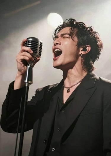 Low angle photography of a lead singer performing with intense energy, screaming into a vintage microphone, harsh stage lighting, smoky atmosphere, black and off-white palette, sophisticated rock-and-roll vibe.