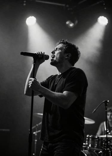 A high-contrast black and white photography of a rock singer performing with intense emotion in a dark Western European club. Off-white stage lights create a dramatic silhouette against a charcoal anthracite background. Minimalist composition, raw grain.