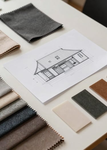An artistic overhead photography shot of a designer's workspace. Swatches of fine fabrics, architectural sketches, and small material samples are arranged neatly on an off-white surface. Soft, professional studio lighting. French creative studio vibe.