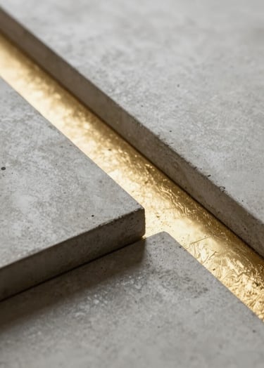Detail shot of architectural set materials. Polished concrete surfaces meeting gold leaf accents. Sharp focus, clean composition, professional lighting. Minimalist avant-garde aesthetic.