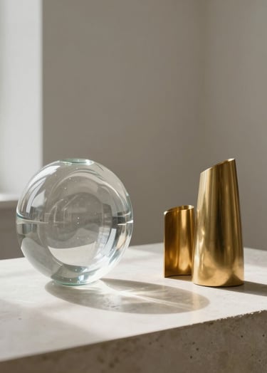 A minimalist composition of set design props, featuring a translucent glass sculpture and gold-toned metallic elements on a white stone surface, soft natural lighting from the side, Western European / French art gallery style.