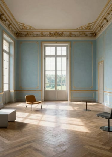 An empty, vast room with high ceilings in a French chateau, light blue and gold walls, modern minimalist furniture placed as an installation, sunlight streaming through large windows, photography style.