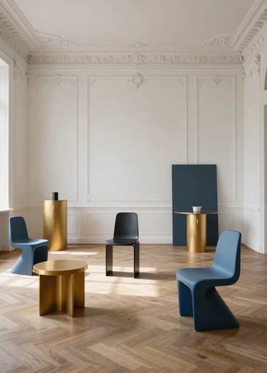 Wide-angle photograph of a production set in a grand Parisian apartment with white walls and ornate mouldings. Modernist set pieces in gold and muted blue are arranged elegantly. Soft natural light.