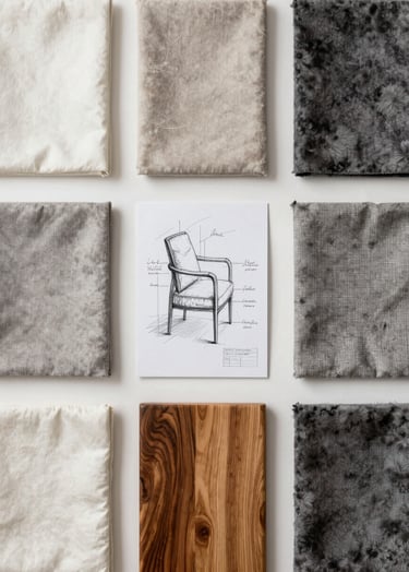 Photographie d'un croquis de conception de décor à côté d'échantillons de tissus luxueux et de bois laqué, lumière de studio diffuse, composition symétrique et raffinée, palette blanc cassé et gris.
