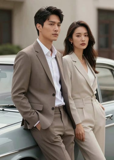 Portrait of a couple leaning against a vintage car, embodying a contemporary flair and professional style. The color palette uses #F7F5F0 and #CFC7BB to create a sophisticated, high-end editorial feel.