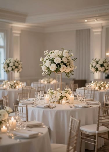 A high-quality, wide-angle photograph of a beautifully decorated event hall before guests arrive. The scene is filled with elegant floral arrangements and soft candlelight. The color palette emphasizes #CFC7BB and #F7F5F0, creating a sense of sophisticated anticipation and artistic elegance.