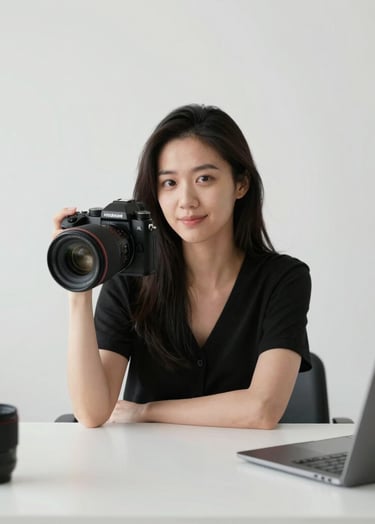 A professional and minimalist shot of Joy Liu's workspace, featuring a high-end camera and lenses on a clean #F7F5F0 background, conveying expertise and artistic dedication.