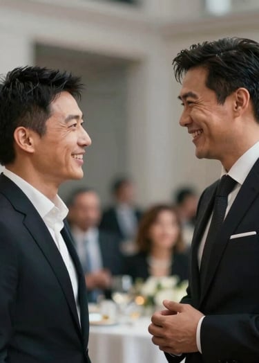 A professional and authentic photo of two executives engaged in a genuine conversation during a gala. The shot is candid, capturing real emotion and laughter. The composition is clean and contemporary, with a soft focus on the background architecture that features #6E6D74 tones and warm spotlighting.