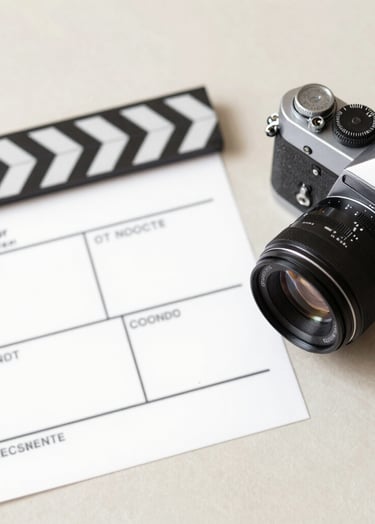 A top-down view of an elegantly styled film storyboard and a vintage camera on a #F7F5F0 surface. Soft #6E6D74 shadows and #CFC7BB accents provide a sophisticated, professional look.