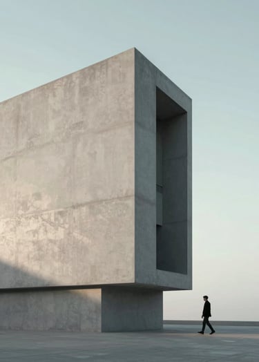 Cinematic wide shot of a modern concrete building against a pale morning sky, reflecting the #F2F5F7 palette. Minimalist composition with a single person walking, creating a sense of scale. Lighting is soft and directional, with shadows in #1A1A1A.