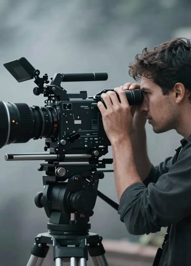 Action shot of a cinematographer looking through a viewfinder. Cinematic lighting with a color palette of #8C9CA6 and #1A1A1A. Atmospheric smoke or haze in the background for depth.