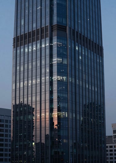 A high-resolution cinematic wide shot of a modern glass skyscraper during blue hour, featuring sharp reflections, minimalist composition, and a color palette of deep blues (#4A616F) and charcoal (#1A1A1A). Lighting is atmospheric and refined.