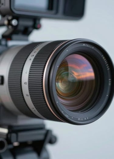Cinematic close-up of a high-end cinema camera lens reflecting a sunset sky, minimalist studio setting, professional lighting with soft blue and silver tones (#4A616F, #8C9CA6).