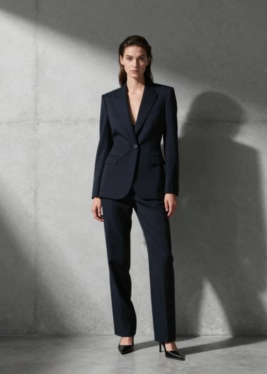 A high-resolution cinematic still from a fashion film. A model stands against a minimalist concrete wall, illuminated by a sharp beam of light reflecting #F2F5F7 tones. The composition is clean, modern, and high-contrast, featuring sophisticated shadows in #1A1A1A.