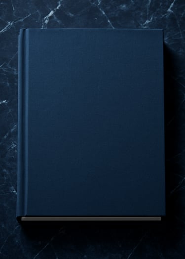 A high-end book cover mockup for 'O Destino', presented on a dark blue marble texture. The design is clean and professional, using steel blue and light blue typography. The composition is centered and elegant.