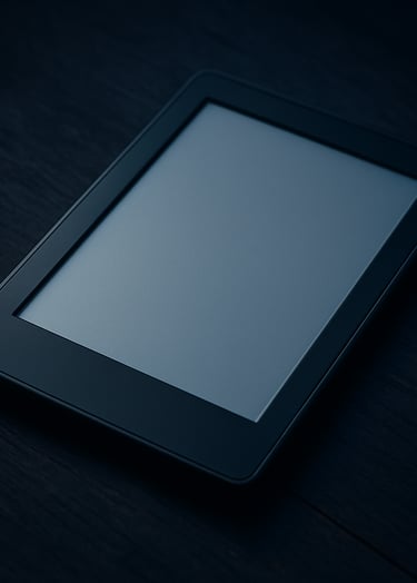 Professional studio photography of an e-book cover displayed on a sleek e-reader, resting on a dark wood surface. The lighting is sophisticated with navy blue shadows, reflecting a serious and professional Brazilian literary market aesthetic.