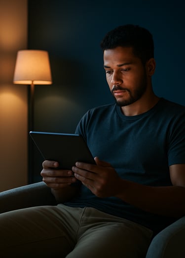 A person in a modern apartment in Brazil sitting on a light grey chair reading on a tablet, deep blue wall backdrop, warm interior light contrasting with steel blue shadows.