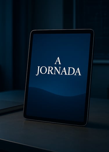 A high-end 3D mockup of a digital e-book cover titled 'A Jornada' displayed on a sleek tablet screen, positioned on a minimalist desk in a South American architectural office. The lighting is moody and professional, highlighting deep navy and steel blue accents.