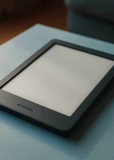 A close-up photograph of a modern e-reader resting on a clean, light blue surface. The lighting is soft and natural, suggesting a peaceful morning in a South American / Brazilian living room. The scene is minimal and sophisticated, incorporating steel blue accents.