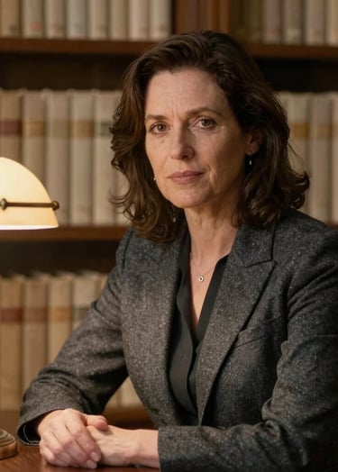 A scholarly portrait of a researcher in a charcoal blazer, sitting in a dimly lit library. Soft antique gold lighting from a desk lamp illuminates her thoughtful expression. In the background, rows of cream-colored books line the walls.