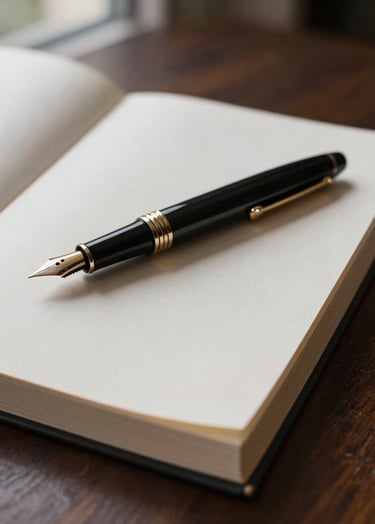 A close-up, minimalist photograph of a high-end fountain pen resting on a stack of thick, cream-colored archival paper. The lighting is soft and directional, coming from a window, highlighting the texture of the paper. The background is a dark espresso wood surface. The mood is quiet and focused.