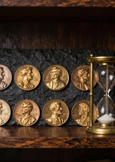 A curated collection of antique academic medals and a small brass hourglass placed on a dark charcoal wooden shelf. The scene is illuminated by warm, soft antique gold light, creating a sense of history and quiet achievement.