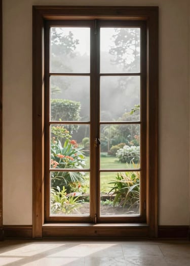 An architectural photograph of a tall library window looking out onto a misty garden. The window frame is a dark espresso wood. Soft, natural light spills onto a cream-colored floor.