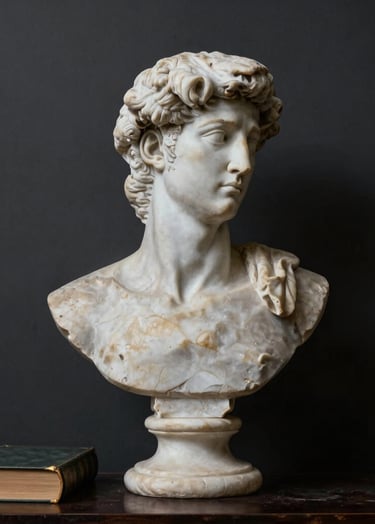 A minimalist, high-contrast photograph of a classical marble bust in a library, set against a dark charcoal wall. The lighting is soft and directional, highlighting the textures of the stone. A hint of antique gold is visible from the spine of a nearby book.