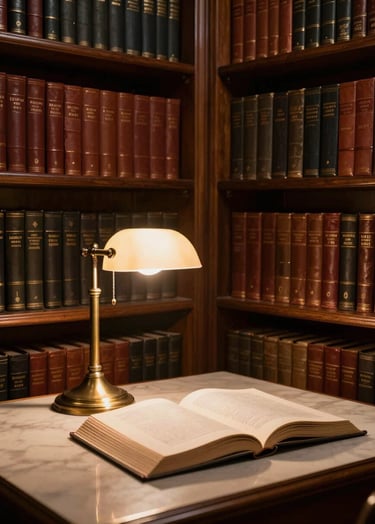 A dimly lit library corner with tall, dark espresso wooden shelves filled with leather-bound books. A single brass lamp glows with a soft antique gold light, illuminating an open book on a cream-colored table.