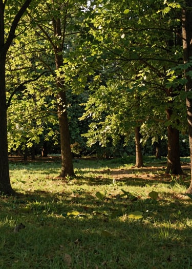 A serene vertical photograph of a sun-drenched forest clearing in a North American park. The lighting is soft and golden, highlighting medium forest green leaves and earth brown trunks. Minimalist and clean composition.