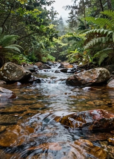 A serene horizontal shot of a clear forest stream flowing over smooth, earth brown stones in a North American woodland. Lush green foliage and ferns line the banks. The water reflects the pale mist of the sky, creating a clean and modern composition.