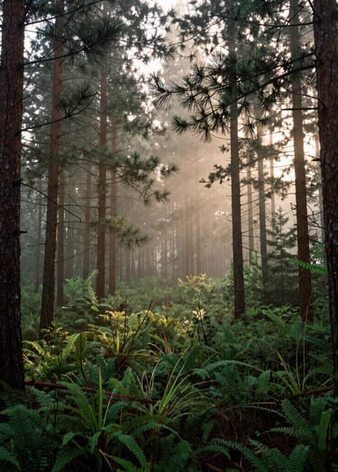 Wide shot of a misty North American / US forest at dawn, soft sunlight filtering through pine needles, deep forest green and earthy brown palette, sophisticated and serene composition.