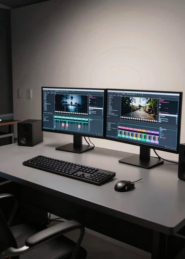 A sophisticated North American / US post-production studio. A sleek charcoal grey editing desk with dual monitors showing high-contrast film footage. The room is dimly lit with dramatic, soft off-white backlighting.