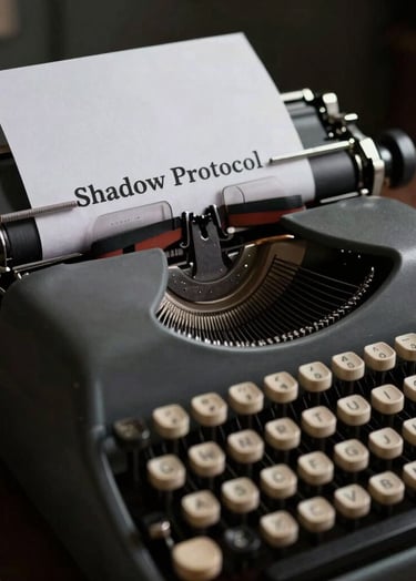 A close-up, dramatic shot of a vintage typewriter in a dark North American / US office study. A script page with the title 'Shadow Protocol' is fed into the machine. The lighting is low-key, featuring strong shadows and highlights in muted grey and rich black.