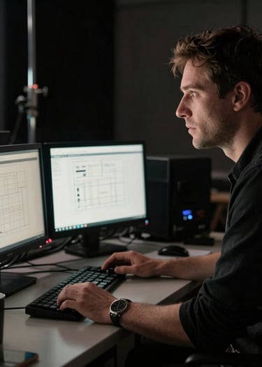 A sophisticated cinematic still of a professional film director looking at monitors on a North American / US film set, rich black shadows and sharp off-white highlights, dramatic film noir lighting.
