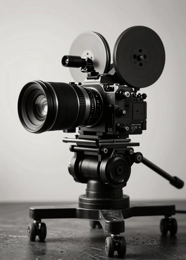 A sophisticated, high-contrast black and white photograph of a professional film camera on a dolly in a North American / US studio setting. The lighting is dramatic, with deep charcoal shadows and bright soft off-white highlights on the metallic surfaces of the lens.