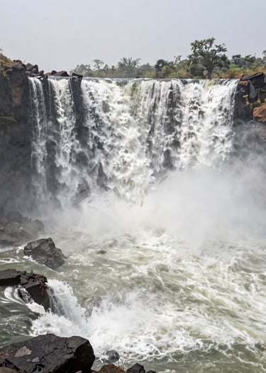 Cinematic wide shot of the Kalandula Falls in Angola, misty atmosphere, soft off-white water contrast against charcoal grey rocks, professional photography.