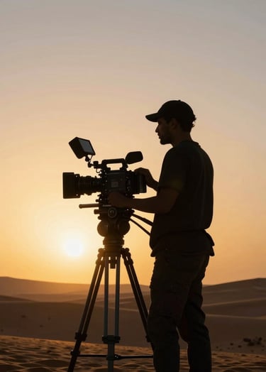 A silhouette of Nguxi dos Santos filming with a professional cinema camera during sunset in the Namib desert, Angolana horizon, golden hour light, minimalist and powerful composition.