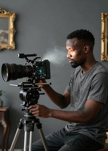 A professional Angolana filmmaker in a charcoal slate grey studio editing a documentary, soft misty white screen glow on face, antique burnished gold accents in the room decor.