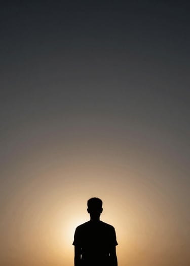 Cinematic photography of a filmmaker's silhouette against a dramatic sunset in Luanda, Angola. The sky is a blend of dark grey and deep black with subtle gold light. Minimalist composition, high contrast style.