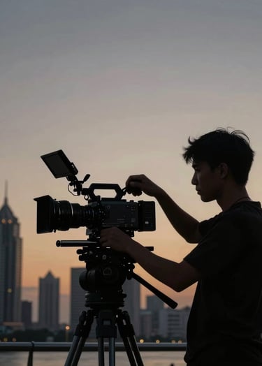 A professional filmmaker silhouette adjusting a high-end cinema camera against a backdrop of a modern Angolana city skyline at dusk, muted gold and deep slate grey color palette.