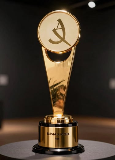 A prestigious golden film award trophy with elegant typography, reflecting soft off-white light in a dark charcoal black gallery setting in Angola, cinematic shallow depth of field, professional photography.