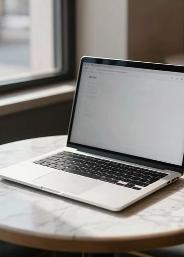 A high-end laptop sitting on a clean marble table in a bright North American / US cafe, morning sunlight streaming through the window, soft jet black shadows, and a hint of soft silver decor in the background.