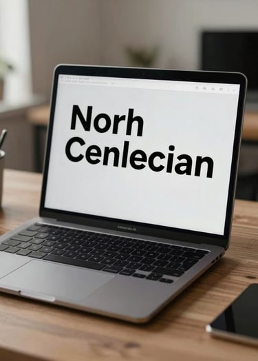 A professional desk setup in a North American / US creative agency, featuring a high-end laptop on a charcoal stand. The screen shows a clean, user-friendly interface with bold black typography on a soft light grey background. Neutral color palette.